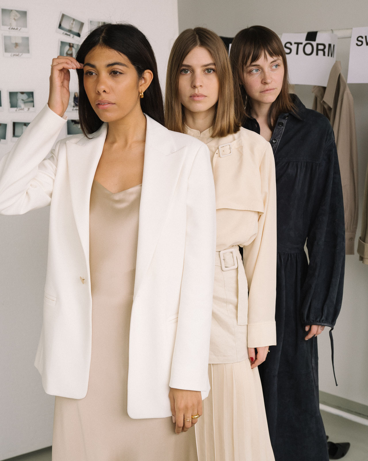 storm wears joseph SS19 Sommer collection with Trenton Jacket and Stone Silk Satin Dress, Swantje wears Tally Fuji Silk Blouse and Sissi Pohle wears Claudia Suede Dress