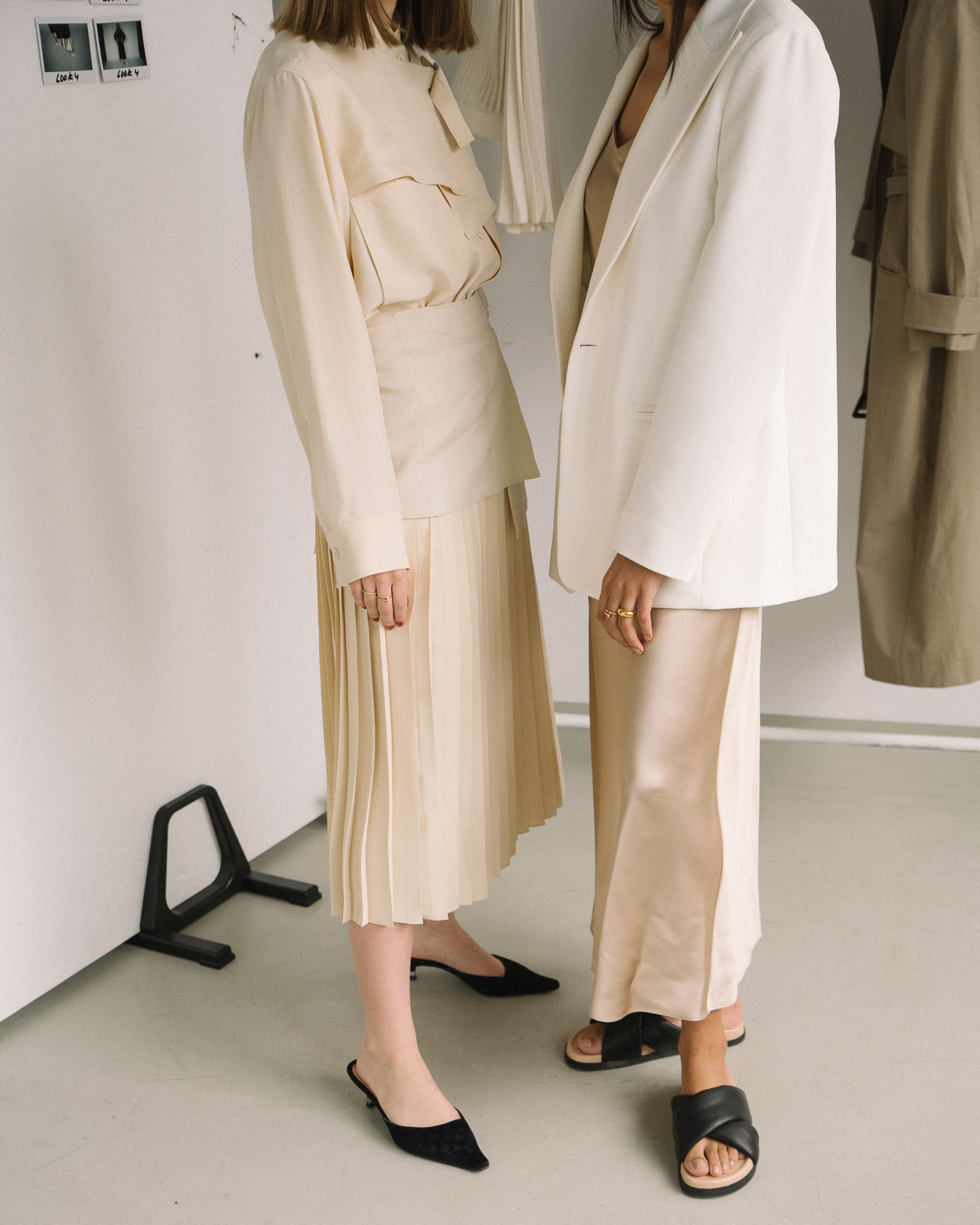 storm wears Stone Silk Satin Dress from Joseph SS19 collection and Swantje Soemmer wears Billie Boucle Fuji Silk Skirt shot by Marius Knieling
